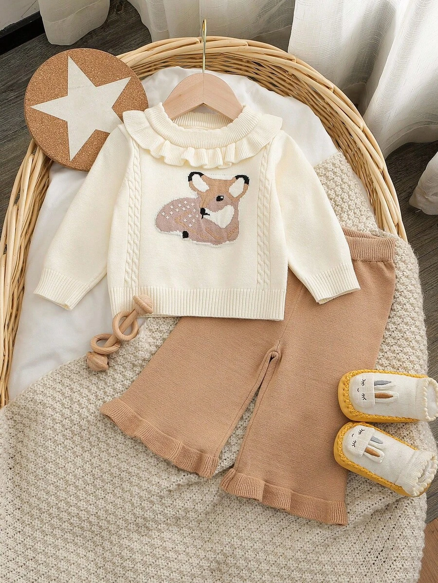 SHEIN 女婴休闲鹿图案毛衣和裤子套装 - 卡其色 - 查看 1
