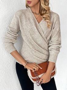 EMERY ROSE Women's Solid Color Overlap V-Neck Dropped Shoulder Long Sleeve Pleated Casual Sweater, Autumn/Winter - Beige - View 4