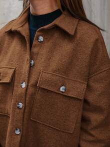 SHEIN Cottnline 女式纯色落肩长袖单排扣实用口袋休闲夹克，秋季 - 摩卡棕 - 查看 5