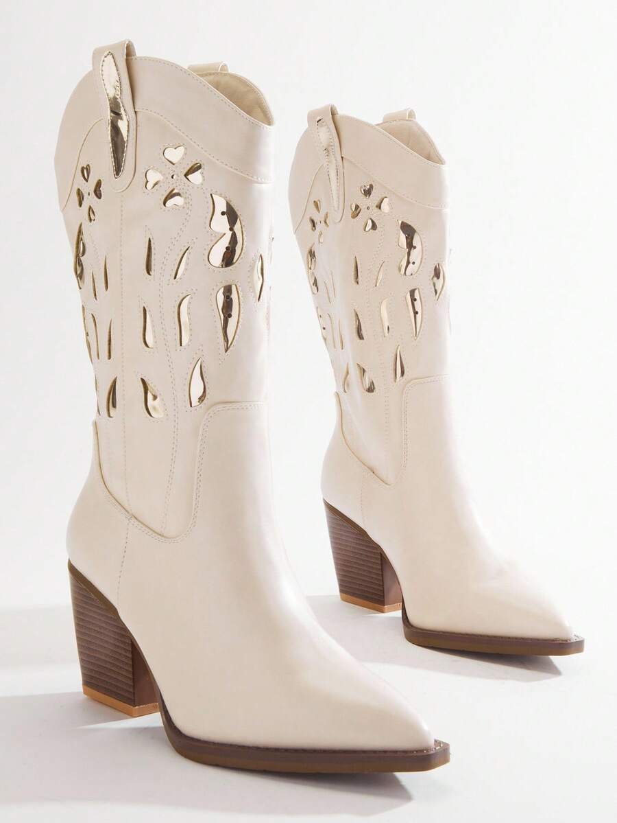 Solezae Ladies Chunky Heel Cut Out Western Boots - Beige - View 1
