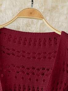 DreamSkyne 大码女式纯色海滩度假浪漫钩针编织网眼抽绳蝴蝶结开衫西部风 - 酒紅色 - 查看 3