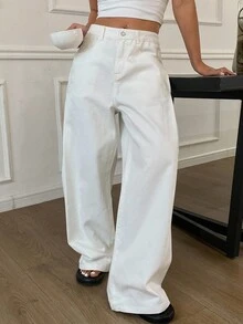 Livesso 女士破洞阔腿牛仔裤 - 白色 - 查看 1