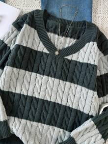 SHEIN Tween Girls Striped Color Block Cable Knit V-Neck Lantern Sleeve Oversized Pullover Sweater, Suitable For Autumn/Winter Outings Fall - Dark Grey - View 4