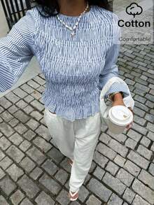 Siren Gaze Christmas  New Year Clothes  Christmas And New Year Red  Women's Fashion Commuter Plaid Lantern Sleeve Blouse Blue Casual Spring - Baby Blue - View 1