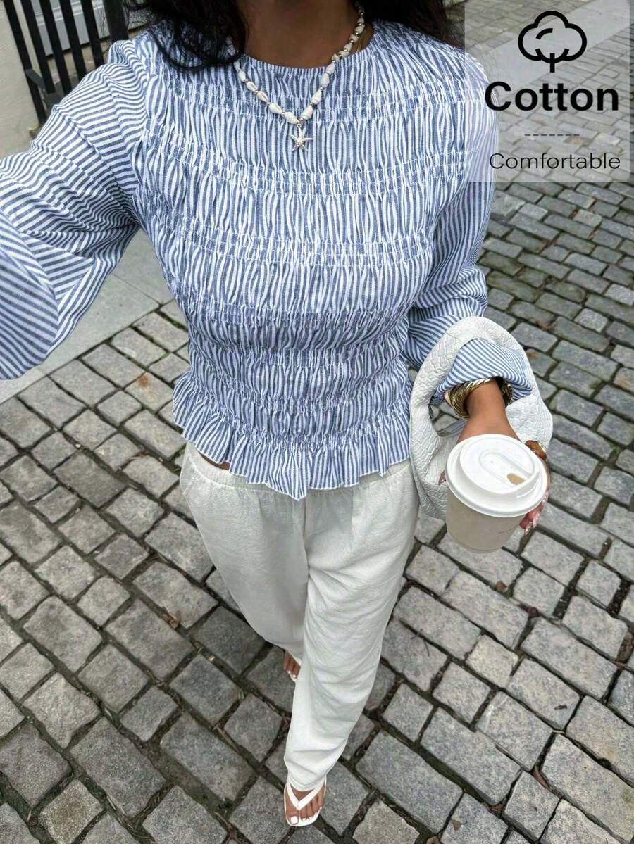 Siren Gaze Christmas  New Year Clothes  Christmas And New Year Red  Women's Fashion Commuter Plaid Lantern Sleeve Blouse Blue Casual Spring - Baby Blue - View 1