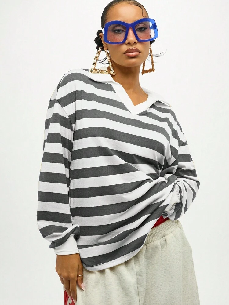 SUMWON WOMEN Striped Rugby Collar Sweatshirt With Long Sleeves