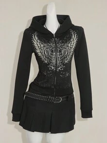 SHEIN ICON Y2K 女款万圣节哥特图案黑色秋冬翅膀印花长袖拉链前开休闲连帽衫 - 黑色 - 查看 6