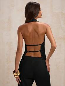 SHEIN BAE 女式纯色露背修身时尚性感挂脖吊带背心 - 黑色 - 查看 2