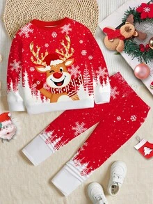 SHEIN Conjunto de 2 peças de moletom e leggings para meninas, casual, de natal, fofo, desenho animado, rena, floco de neve, vermelho, festivo, gola redonda, manga comprida, roupa adequada para outono/inverno - Multicolorido - Ver 2