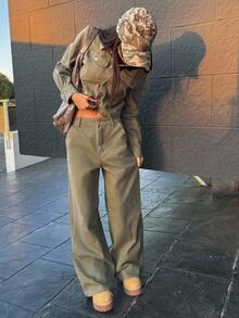 DAZY 女士休闲短款夹克和阔腿牛仔裤套装，秋季