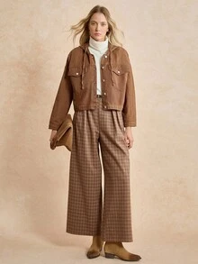 Écloséra 翻蓋口袋落肩袖抽繩連帽牛仔夾克 - 棕色 - 查看 6