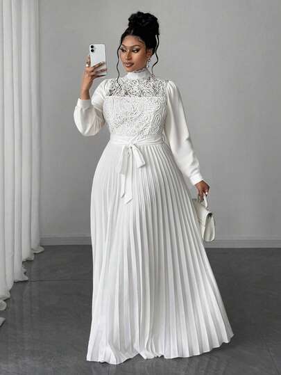 Maweii Plus Size Women Elegant Patchwork Waist Cinched Long Dress