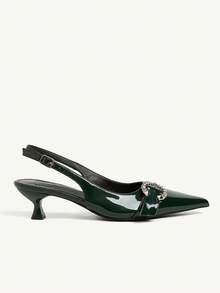 CUCCOO BIZCHIC Women's Pointed Toe Buckle Strap Open Back Kitten Heel Pumps - Dark Green - View 3