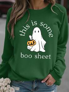 EMERY ROSE Áo nỉ cổ tròn dáng rộng in hình ma Halloween cỡ lớn dành cho nữ - Màu xanh lá cây đậm - Xem 1