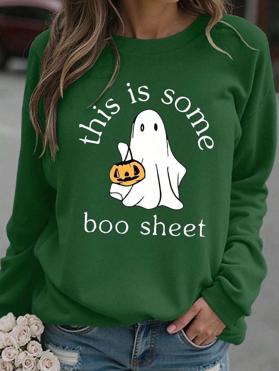 EMERY ROSE Áo nỉ cổ tròn dáng rộng in hình ma Halloween cỡ lớn dành cho nữ - Màu xanh lá cây đậm - Xem 1