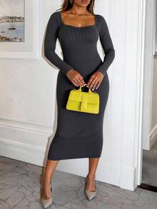 Xyvia Sweetheart Neck Ribbed Knit Bodycon Sweater Dress Fall Winter Cloth For Women - Grey - View 4