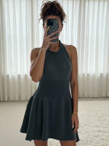 SHEIN BAE 女式性感露背挂脖针织迷你连衣裙，夏季 - 深灰色 - 查看 1