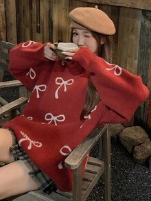 DAZY 女士休闲宽松蝴蝶结圆领落肩长袖毛衣，秋季圣诞 - 紅色 - 查看 4