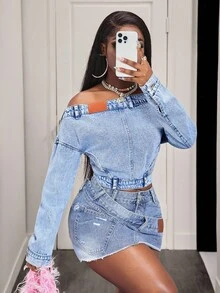 BamGleam Fashionable Casual Shoulder Denim Top For Women - Blue - View 6