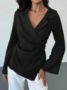 Aloruh Women's Solid Color Wrap Flare Sleeve Blouse, Suitable For Commuting,Black Tops - Black - View 4