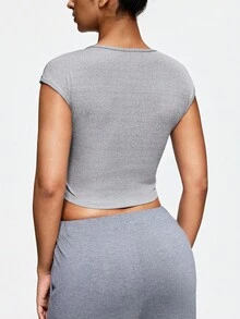 SHAPORA Áo thun ngắn tay phong cách Mỹ cổ tròn, ôm sát, co giãn, hở eo, dáng nhẹ, thường ngày cho nữ, thích hợp mặc ở nhà hoặc mặc ngoài - Xám - Xem 3