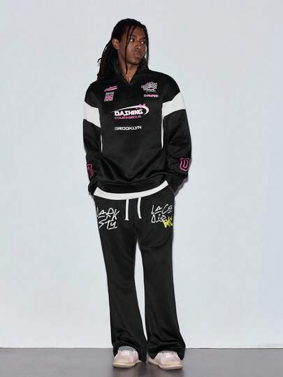  MODCRASH 男士休闲套头连帽衫，半拉链设计，黑白拼接，印有赛车号码，春夏款