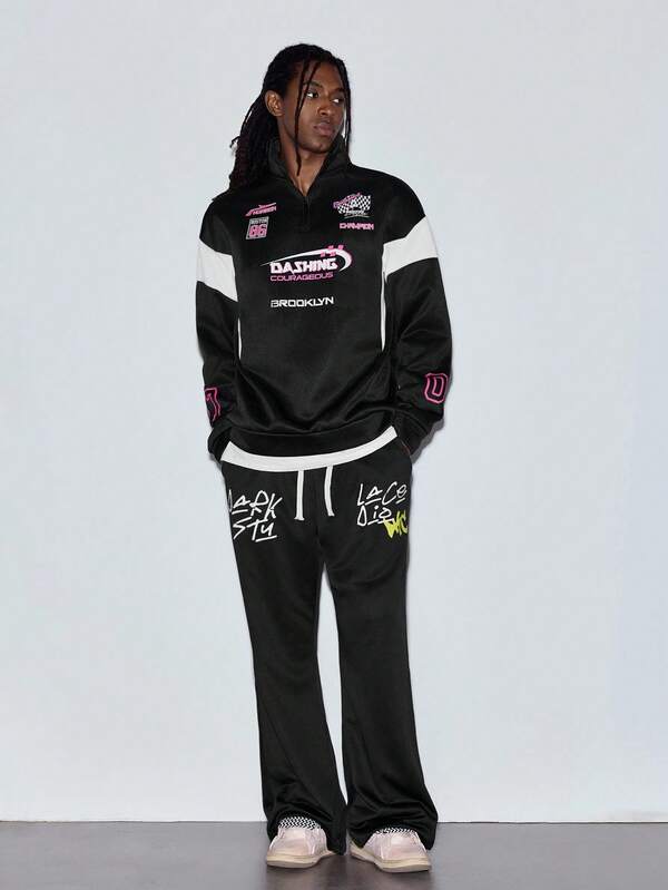  MODCRASH 男士休闲套头连帽衫，半拉链设计，黑白拼接，印有赛车号码，春夏款