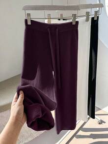 Franclia 全新女式高腰抽绳休闲直筒裤，保暖内衬厚针织长裤 - 紫色 - 查看 5