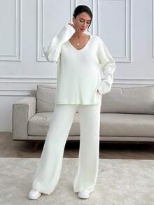 EURMUSE Petite Petite Women V-Neck Oversize Sweater And Knit Pant Set - White - View 3