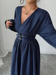 Modelyn 女式长袖交叉领口收腰A字条纹蓝色连衣裙 - 藍色 - 查看 6