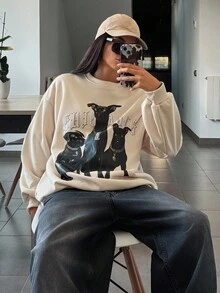 Livesso 女式宽松图案印花街头休闲运动衫 - 灰色 - 查看 2