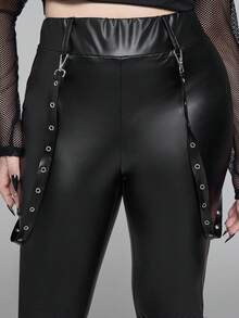 ROMWE Goth 加大码女式哥特式 PU 面料紧身弹力打底裤，可拆卸腰带 - 黑色 - 查看 3