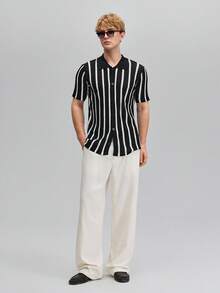 OFFICEAU Men's Contrast Color Hollow Knit Cardigan, Fashionable For Summer, Fall, Old Money Spring To Summer - Black and White - View 7