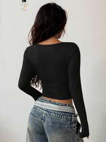 Coolane Camiseta de manga larga con cuello cuadrado, estilo bustier, gris, cómoda y elástica, de uso diario y casual, con estilo minimalista y Y2K para mujer