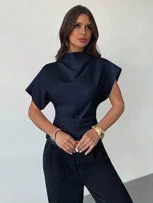 Firerie Crinkle Collar Asymmetrical Sleeve Side Ruched Cinched Waist Commuter Apricot Bamboo Fiber Linen Blouse For Women, All Season - Navy Blue - View 3