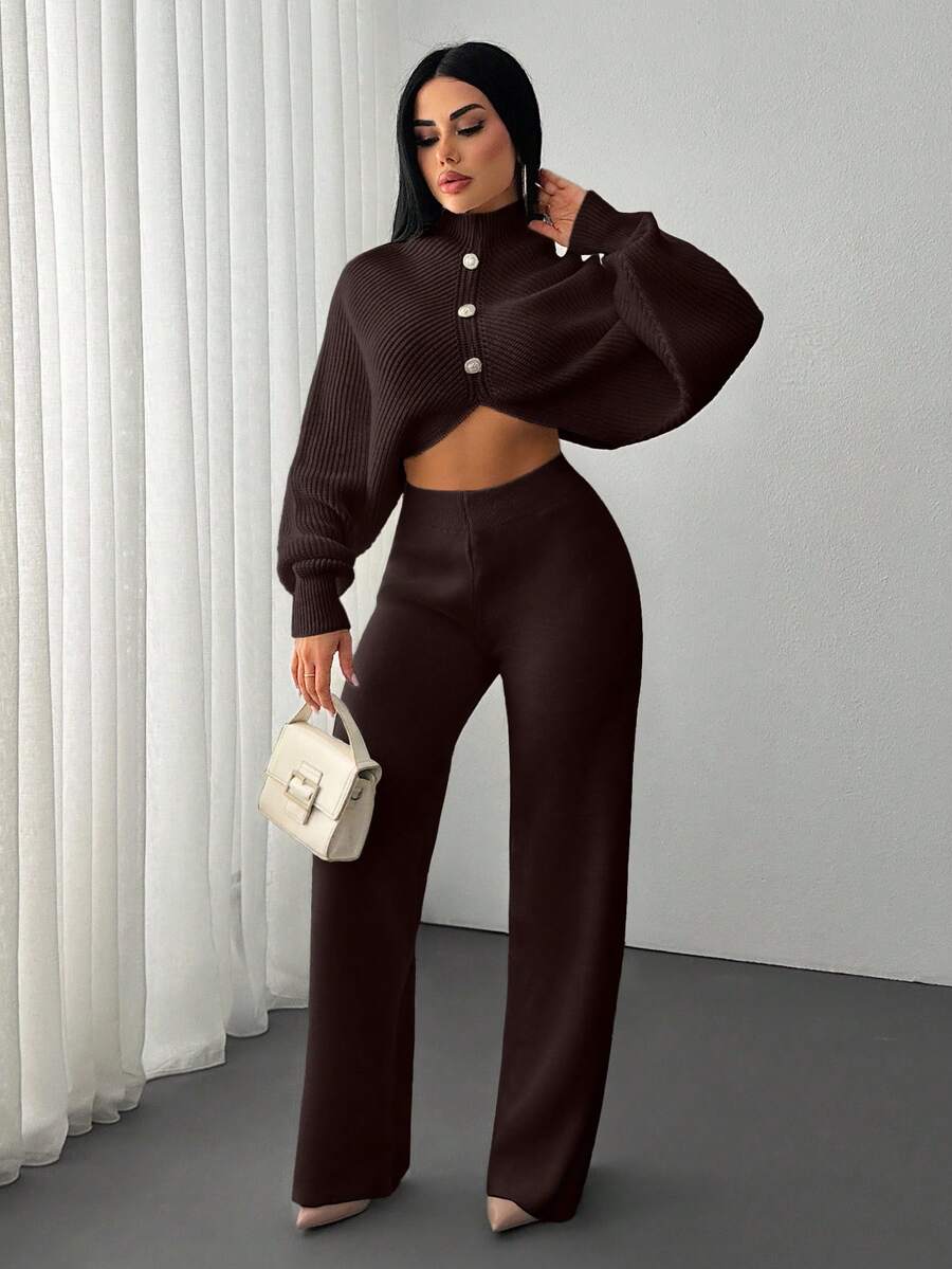 EURMUSE 2 Pieces Ribbed Knit Lounge Set Featuring Asymmetrical Sweater With Decorative Bow Accents And Matching High-Waisted Pants - Brown - View 1