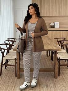 EMERY ROSE Áo khoác cardigan dài tay màu trơn cỡ lớn cho nữ, áo ba lỗ kẻ sọc và quần âu thường ngày - màu nâu - Xem 4