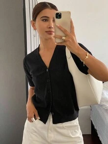 Livesso 女士纯色V领短袖修身针织上衣，商务休闲 - 黑色 - 查看 1