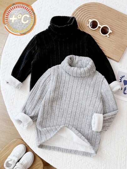 青少年男孩纹理罗纹拼色高领 T 恤，休闲学院风，舒适时尚，百搭，面料柔软，适合日常穿着、上学、旅行、户外活动、秋冬季