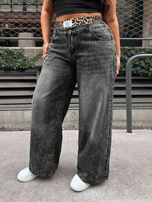 Dripcurv 加大码牛仔裤，休闲宽松直筒裤，豹纹腰带，阔腿休闲裤，双腰带松紧腰带，复古牛仔直筒宽松裤，女士街头潮流裤，休闲版型松紧腰带，撞色腰带，二合一设计豹纹 - 黑色 - 查看 4