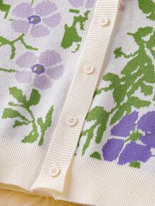 Sparklyn Tween 女童紫色花朵针织开衫和裤子套装优雅百搭时尚秋冬复古花卉提花长袖毛衣两件套 - 彩色 - 查看 4