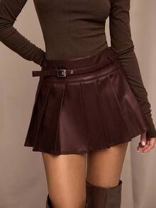 SHEIN BAE Women's Solid Color Waist Buckle Design Pleated PU Leather Fashion Mini Skirt,Brown Skirt - Chocolate Brown - View 5