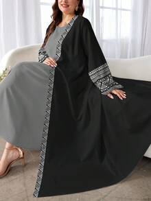 SHEIN Najma 女士优雅几何花卉印花黑色长袖休闲阿拉伯长袍，适合春秋季节 - 彩色 - 查看 3