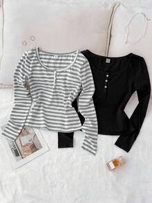 SHEIN 2 件棉质条纹半拉链圆领修身长袖 T 恤，适合青少年、冬季、Y2K 和街头服饰 - 彩色 - 查看 3