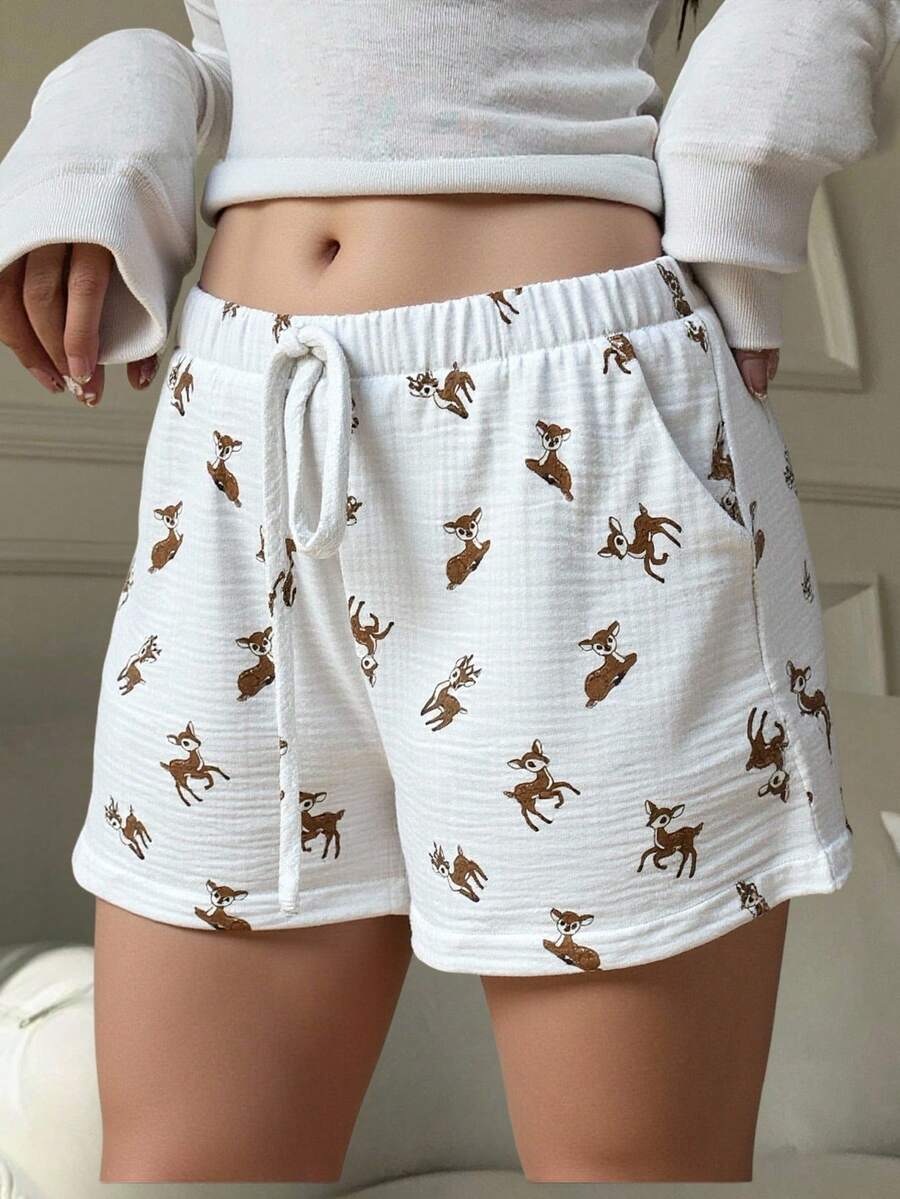 CovetEZ Quần short cạp chun rộng in họa tiết hươu thường ngày cho nữ - trắng - Xem 1
