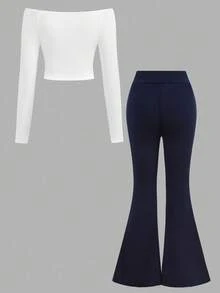 SHEIN Teen Girls Off Shoulder Long Sleeve T-Shirt & Printed Pants Co-Ord Set Pants And Top Set Bell Bottoms Girl 2 Piece Set Teen Two Piece Long Sleeve Set Breezy Two Piece Teen Set Girls Pants And Top Fall Winter - Blue and White - View 4