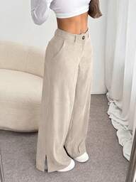 SHEIN Unity Pantalones largos rectos y sueltos con abertura lateral de pana de moda informal para otoño/invierno para mujeres