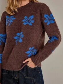 COSMINA Women's Casual Floral Patterned Crew Neck Sweater, Autumn/Winter Sweaters For Women