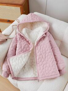 SHEIN Casaco Acolchoado com Capuz Casual Versátil e Fofo para Meninas, Design Acolchoado Floral, Punhos Canelados Rosas, Adequado para Escola, Transporte, Passeio, Caminhada, Adequado para as Estações de Outono/Inverno, Pode Ser Combinado com Suéteres de Manga Longa e Calças - Rosa chiclete - Visão 6