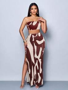 SOLERSUN Damen bedrucktes kurzes Bandeau-Top und figurbetonter Rock mit Seitenschlitz, sexy 2-teiliges Set - Verschiedenfarbig - Übersicht 4